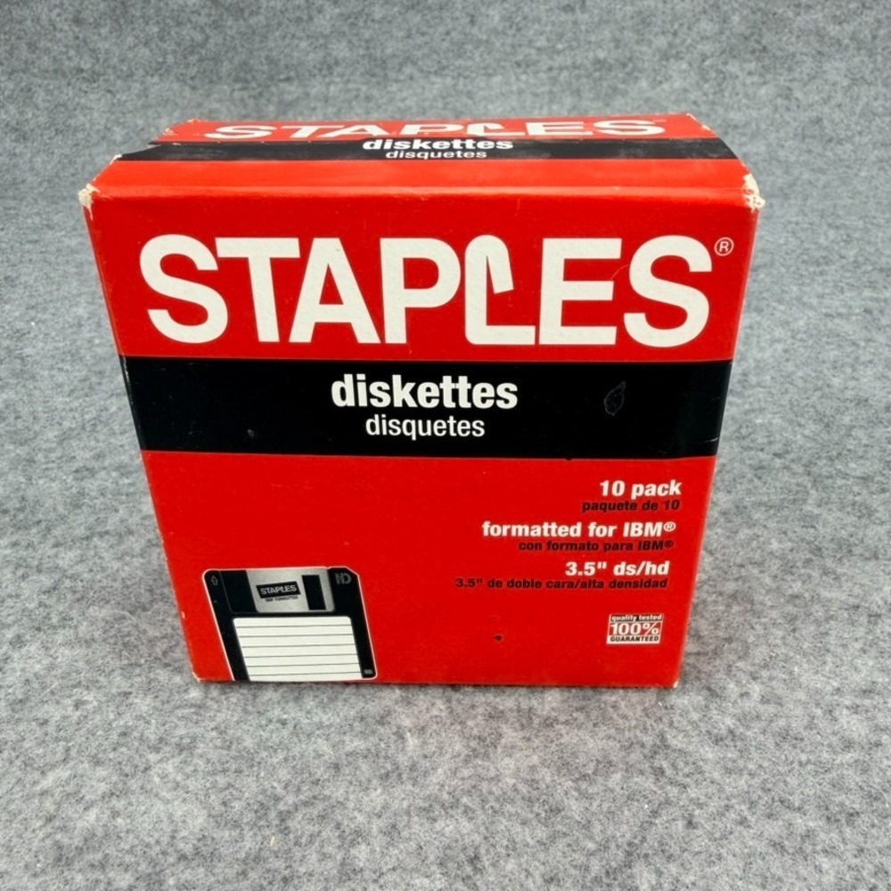 Vintage Staples 3.5 Floppy Diskettes 10 Pack DS/HD IBM 1.44MB Sealed 32321-US